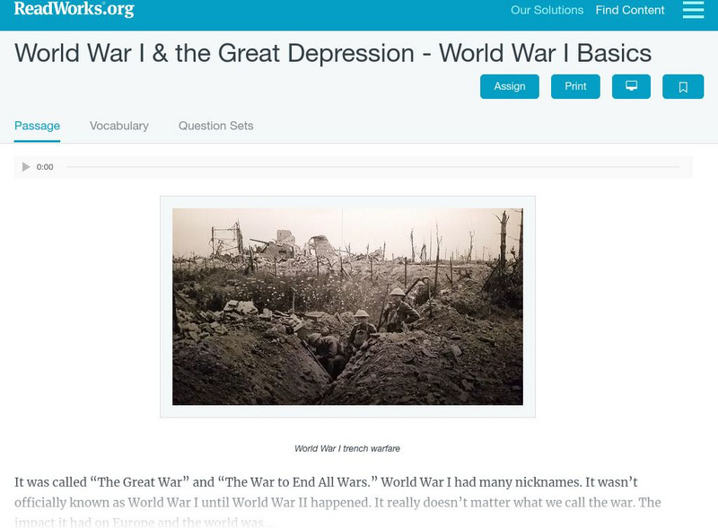 Read Works: World War I & the Great Depression World War I Basics Activity