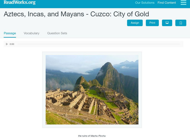 Read Works: Aztecs, Incas, and Mayas Cuzco: City of Gold Activity Read Works: Aztecs, Incas, and Mayas Cuzco: City of Gold Activity