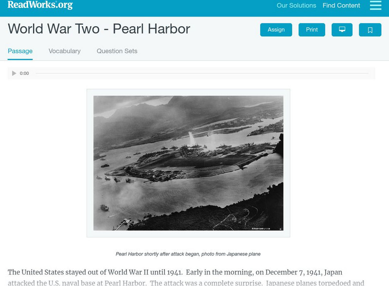Read Works: World War Two Pearl Harbor Activity