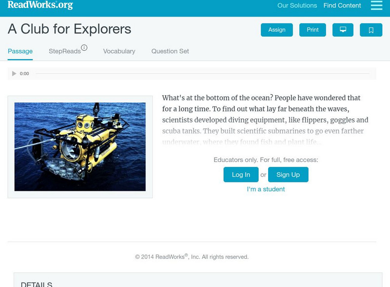 Read Works: A Club for Explorers Activity Read Works: A Club for Explorers Activity