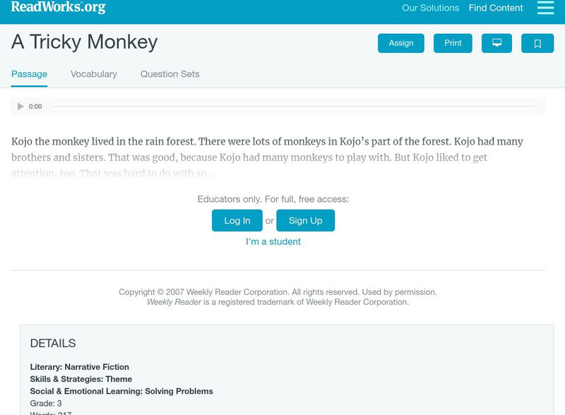 Read Works: A Tricky Monkey Activity Read Works: A Tricky Monkey Activity