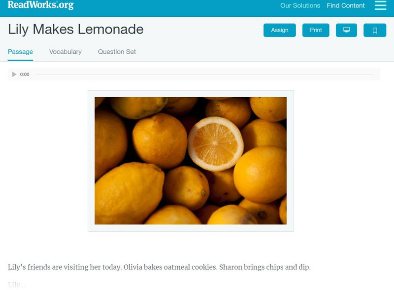Read Works: Lily Makes Lemonade Activity