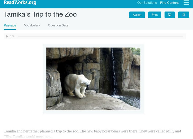 Read Works: Tamika's Trip to the Zoo Activity Read Works: Tamika's Trip to the Zoo Activity