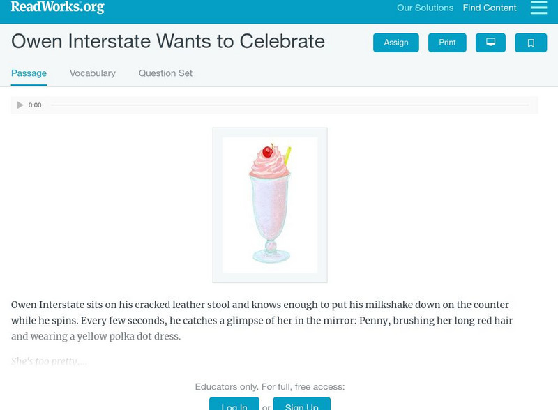 Read Works: Owen Interstate Wants to Celebrate Activity Read Works: Owen Interstate Wants to Celebrate Activity