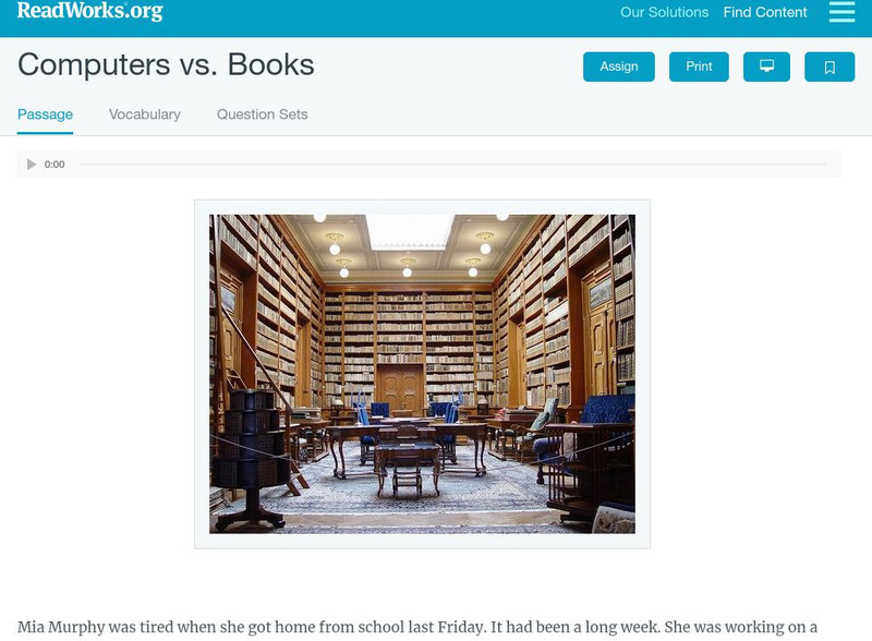 Read Works: Computers vs. Books Activity Read Works: Computers vs. Books Activity