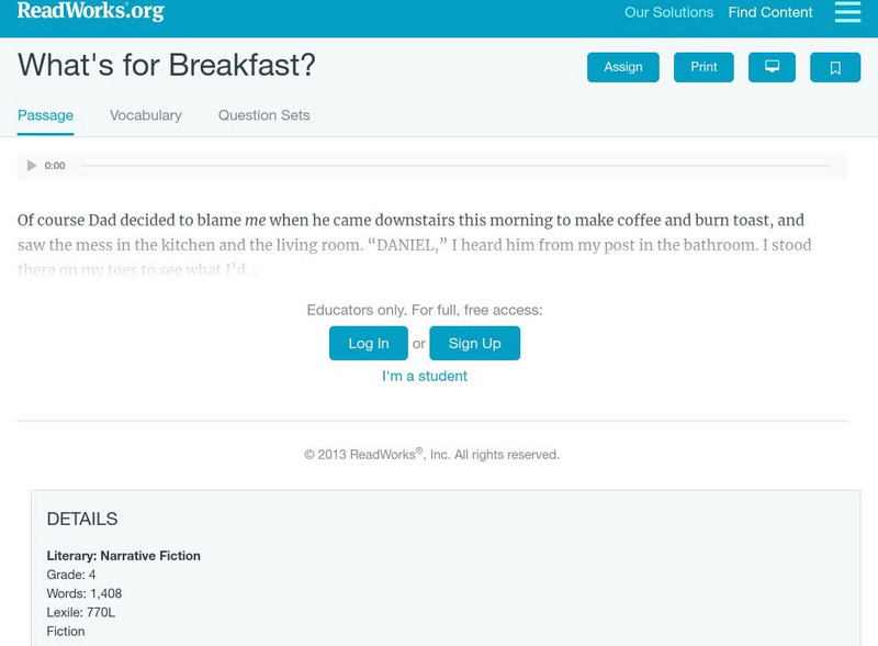 Read Works: What's for Breakfast Activity Read Works: What's for Breakfast Activity