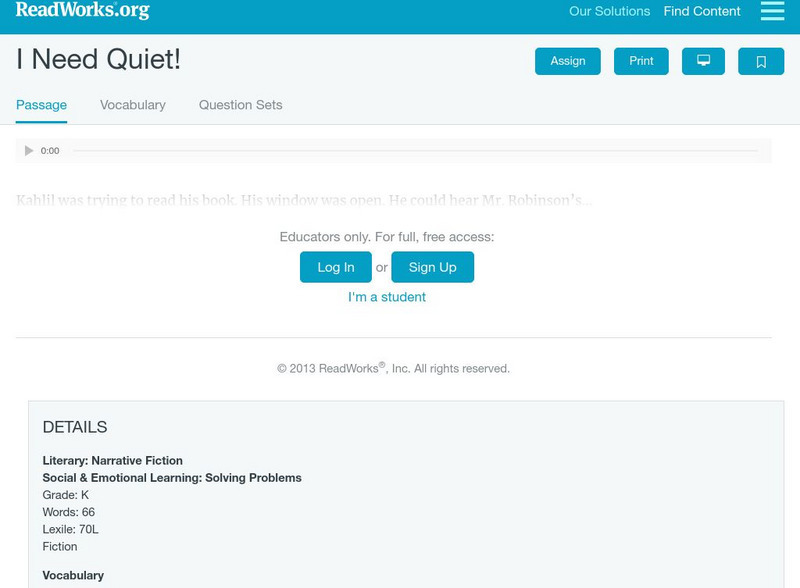 Read Works: I Need Quiet! Activity Read Works: I Need Quiet! Activity