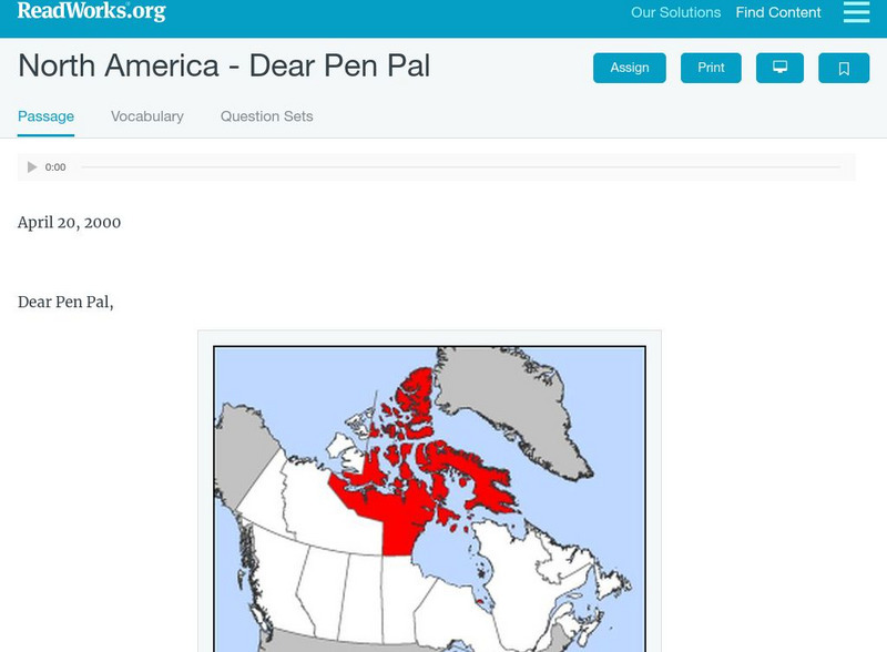Read Works: North America Dear Pen Pal Activity Read Works: North America Dear Pen Pal Activity