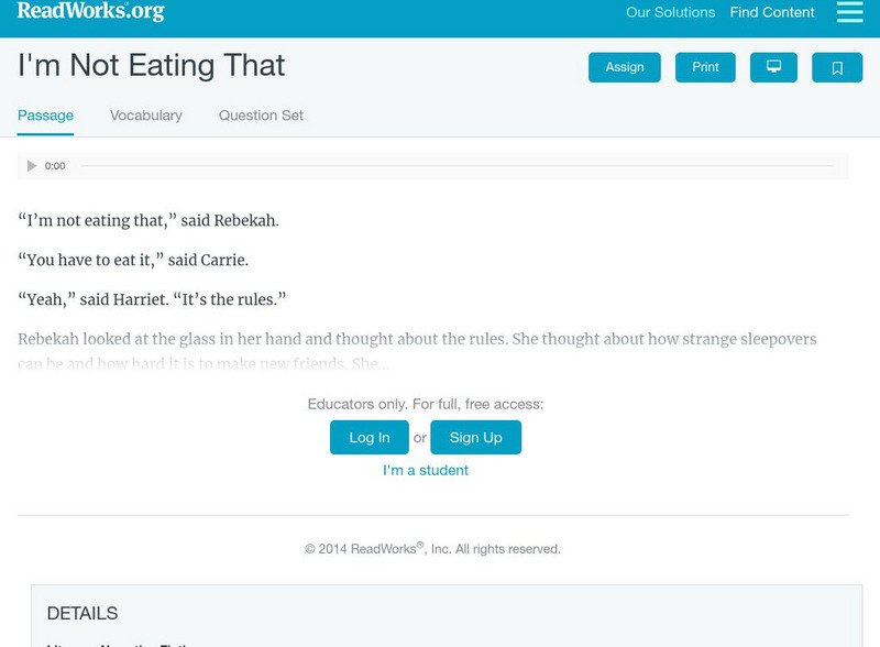 Read Works: I'm Not Eating That Activity Read Works: I'm Not Eating That Activity