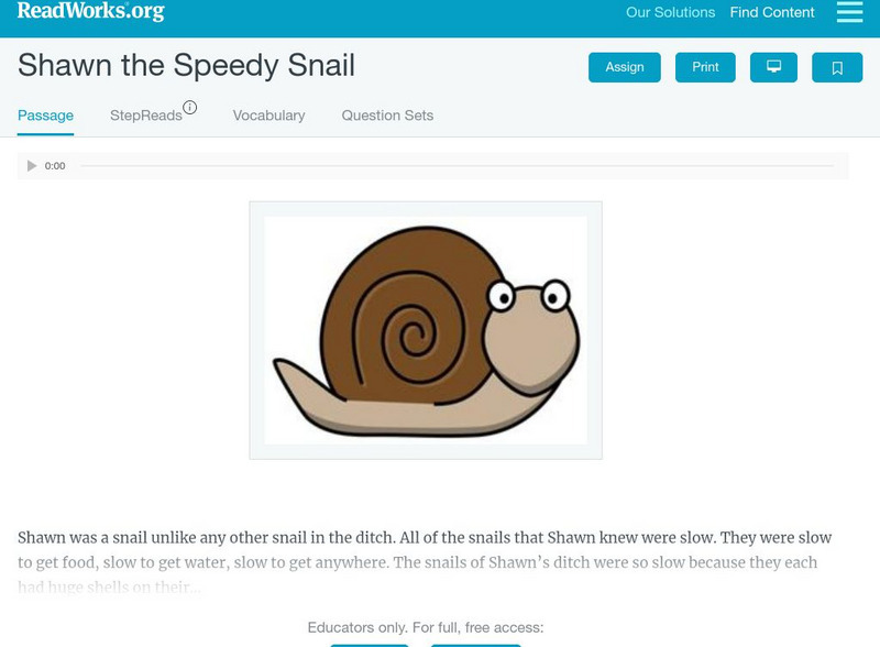 Read Works: Shawn the Speedy Snail Activity Read Works: Shawn the Speedy Snail Activity