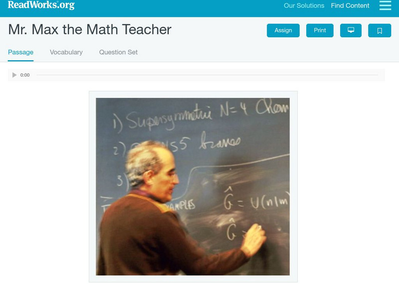Read Works: Mr. Max the Math Teacher Activity Read Works: Mr. Max the Math Teacher Activity