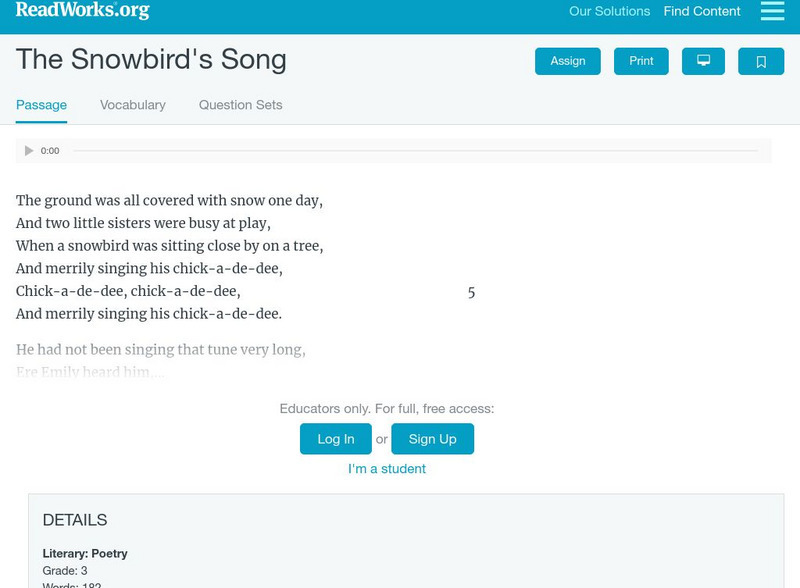 Read Works: The Snowbird's Song Activity Read Works: The Snowbird's Song Activity