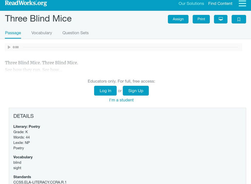 Read Works: Three Blind Mice Activity Read Works: Three Blind Mice Activity