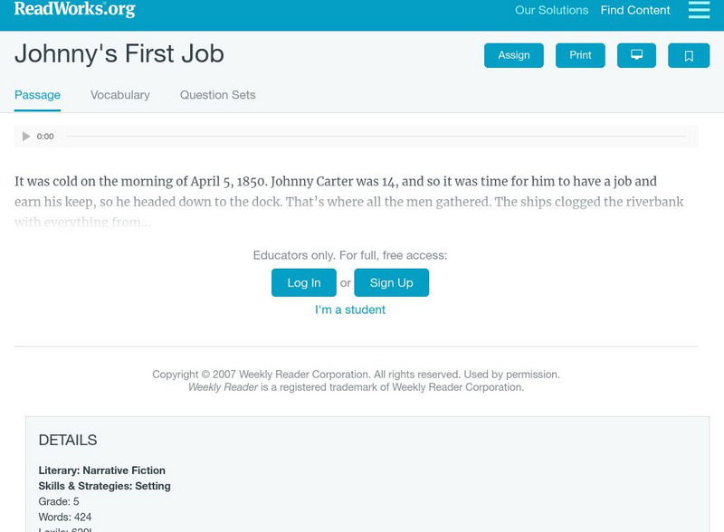Read Works: Johnny's First Job Activity Read Works: Johnny's First Job Activity