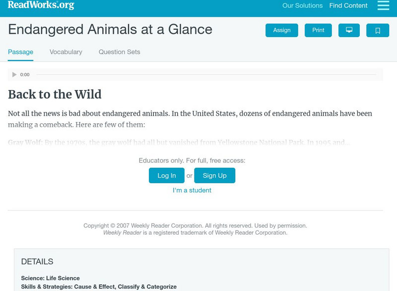 Read Works: Endangered Animals at a Glance Activity