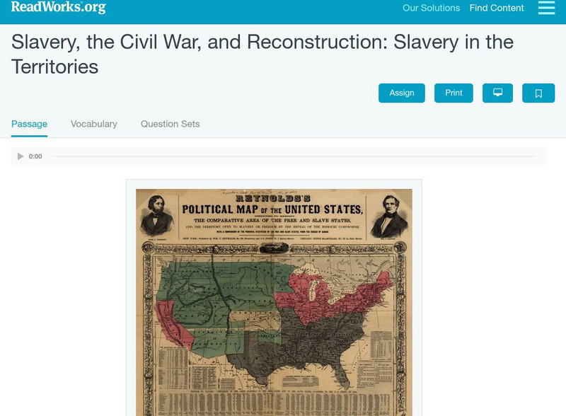 Read Works: Slavery, the Civil War, and Reconstruction Slavery in the Territories Activity Read Works: Slavery, the Civil War, and Reconstruction Slavery in the Territories Activity