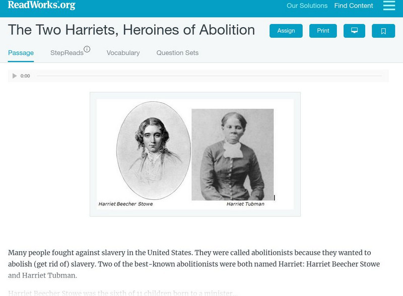 Read Works: The Two Harriets, Heroines of the Civil War Activity Read Works: The Two Harriets, Heroines of the Civil War Activity