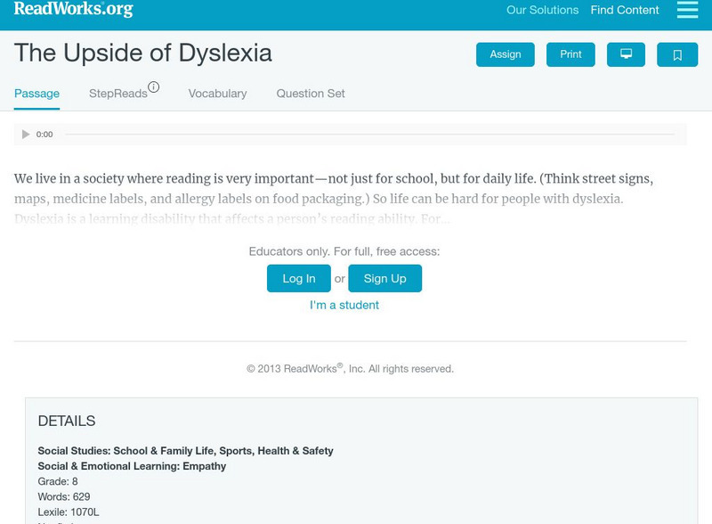 Read Works: Passages: The Upside of Dyslexia Unit Plan Read Works: Passages: The Upside of Dyslexia Unit Plan