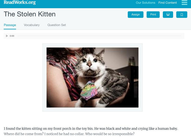 Read Works: The Stolen Kitten Activity Read Works: The Stolen Kitten Activity