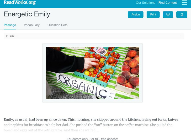 Read Works: Energetic Emily Activity