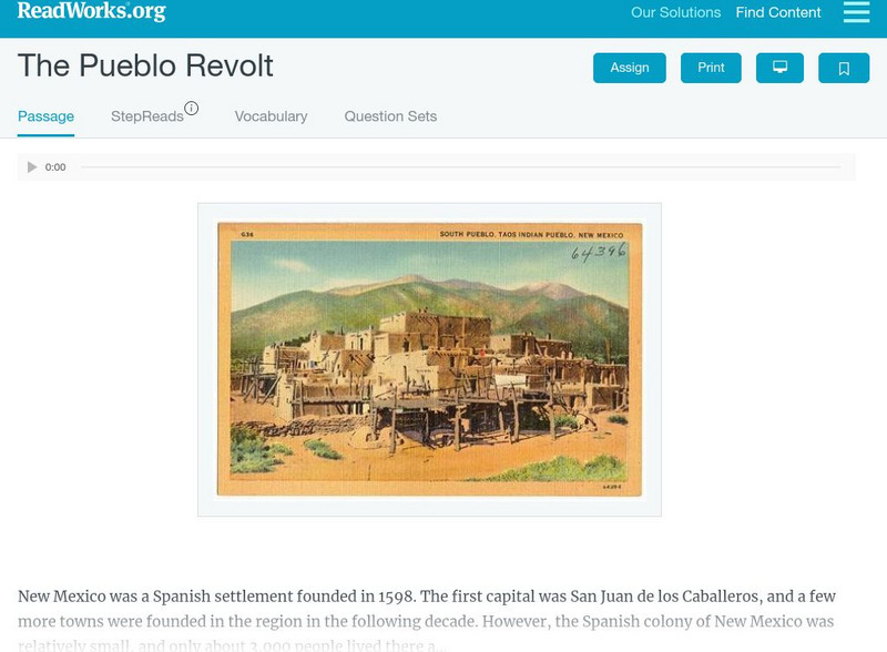 Read Works: The Pueblo Revolt Activity Read Works: The Pueblo Revolt Activity