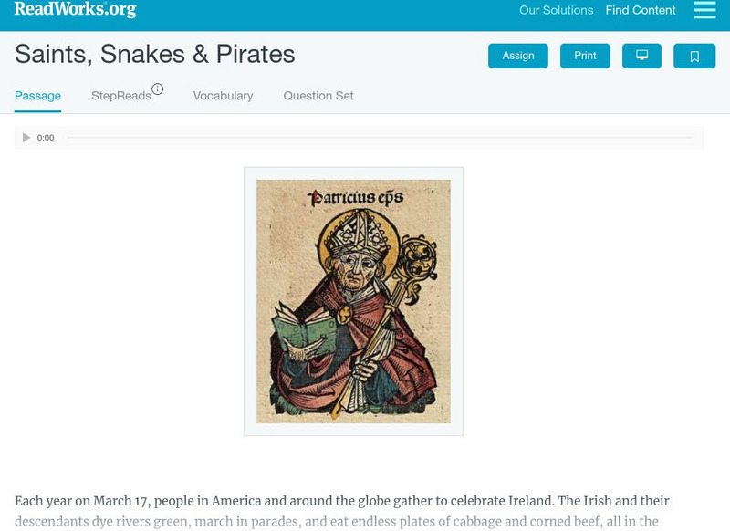 Read Works: Saints, Snakes & Pirates Activity Read Works: Saints, Snakes & Pirates Activity