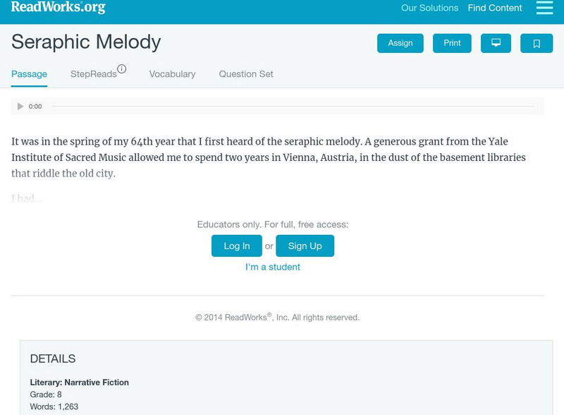 Read Works: Seraphic Melody Activity Read Works: Seraphic Melody Activity