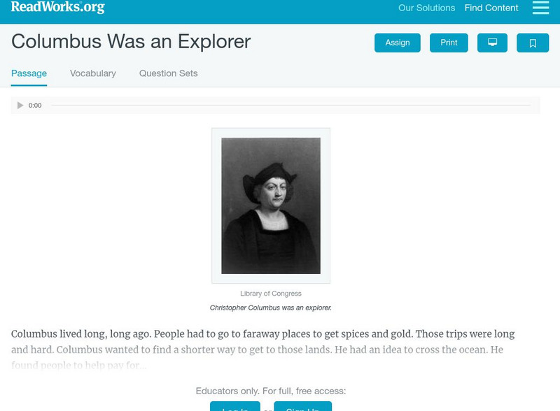 Read Works: Columbus Was an Explorer Activity Read Works: Columbus Was an Explorer Activity