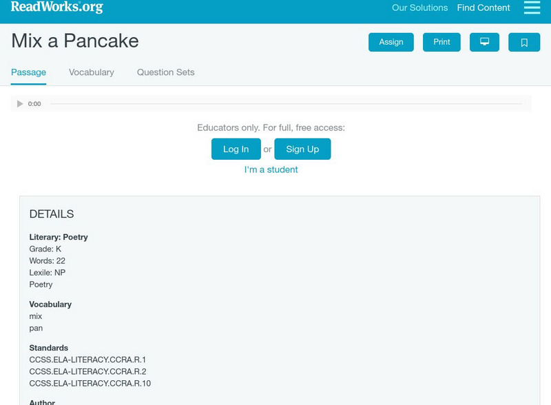 Read Works: "Mix a Pancake" Activity Read Works: "Mix a Pancake" Activity