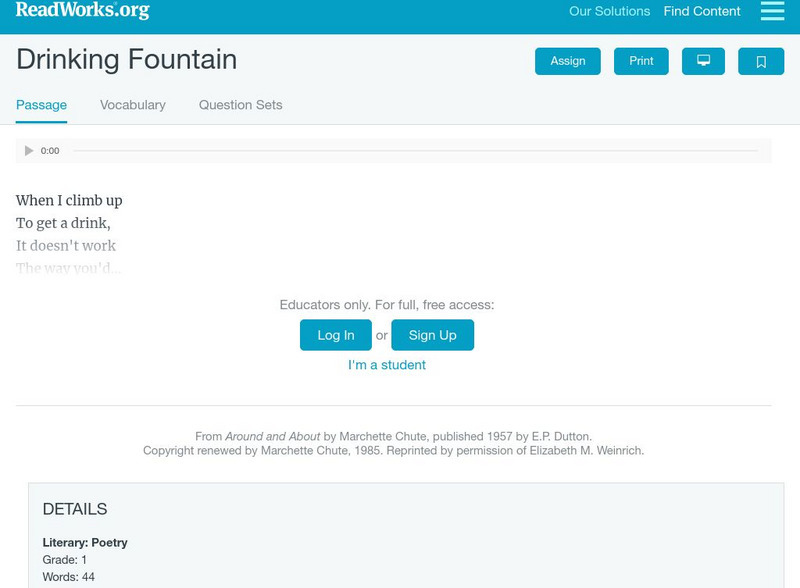 Read Works: "Drinking Fountain" Activity Read Works: "Drinking Fountain" Activity