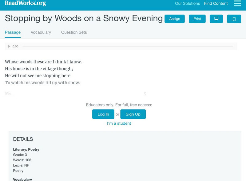 Read Works: "Stopping by Woods on a Snowy Evening" Activity Read Works: "Stopping by Woods on a Snowy Evening" Activity