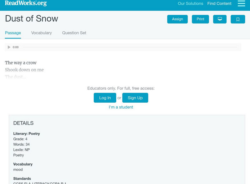 Read Works: "Dust of Snow" Activity Read Works: "Dust of Snow" Activity