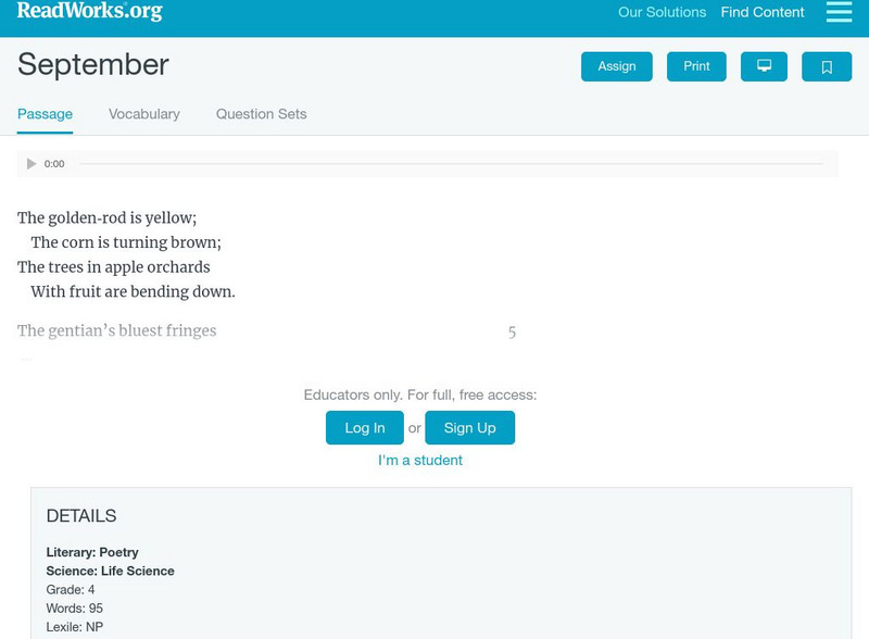 Read Works: "September" Activity Read Works: "September" Activity