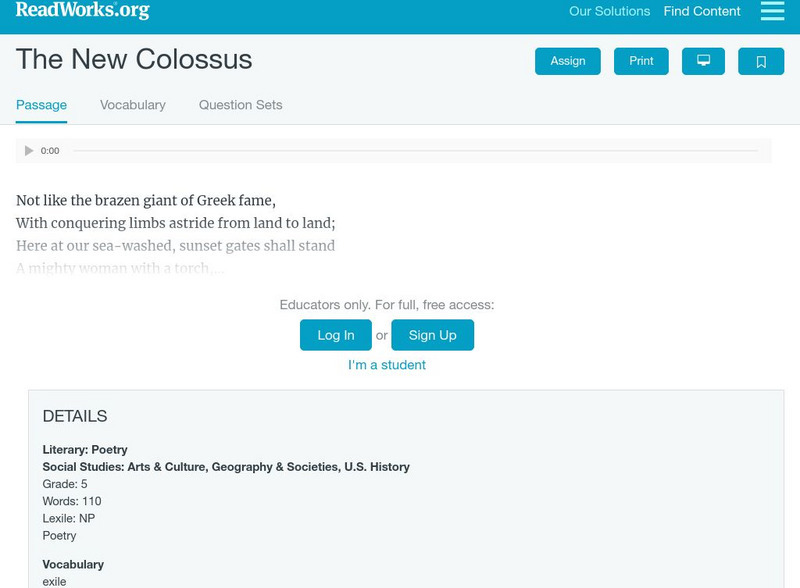 Read Works: "The New Colossus" Activity Read Works: "The New Colossus" Activity