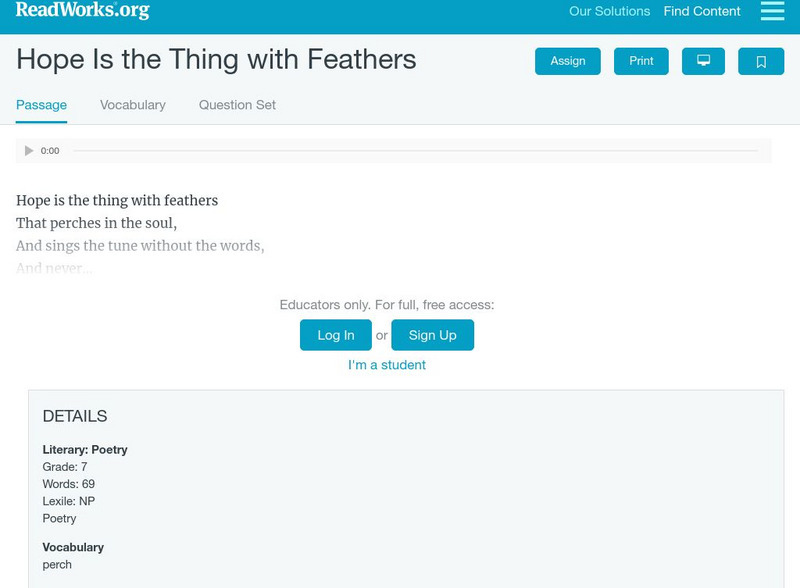 Read Works: "Hope Is the Thing With Feathers" Activity Read Works: "Hope Is the Thing With Feathers" Activity