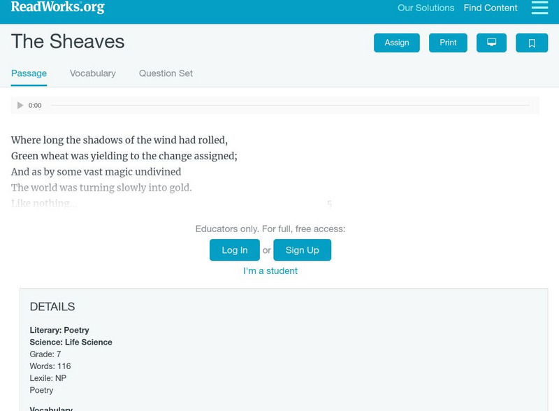 Read Works: "The Sheaves" Activity Read Works: "The Sheaves" Activity