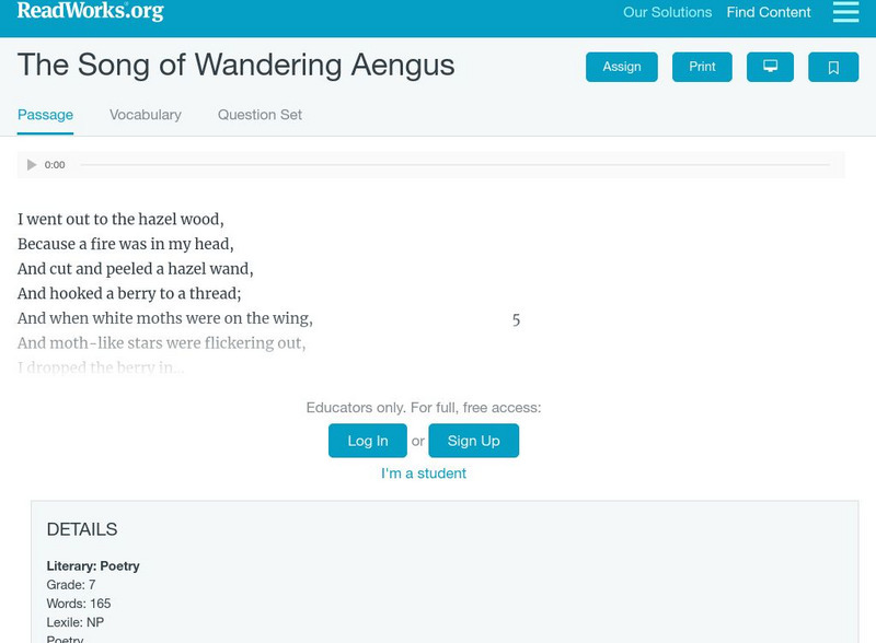 Read Works: "The Song of Wandering Aengus" Activity Read Works: "The Song of Wandering Aengus" Activity