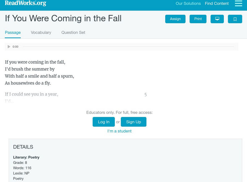 Read Works: "If You Were Coming in the Fall" Activity Read Works: "If You Were Coming in the Fall" Activity