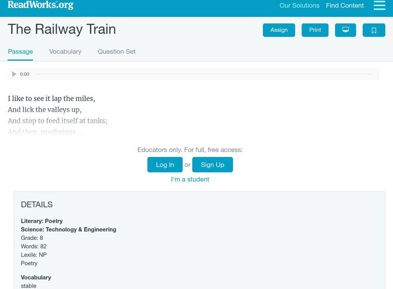 Read Works: "The Railway Train" Activity Read Works: "The Railway Train" Activity