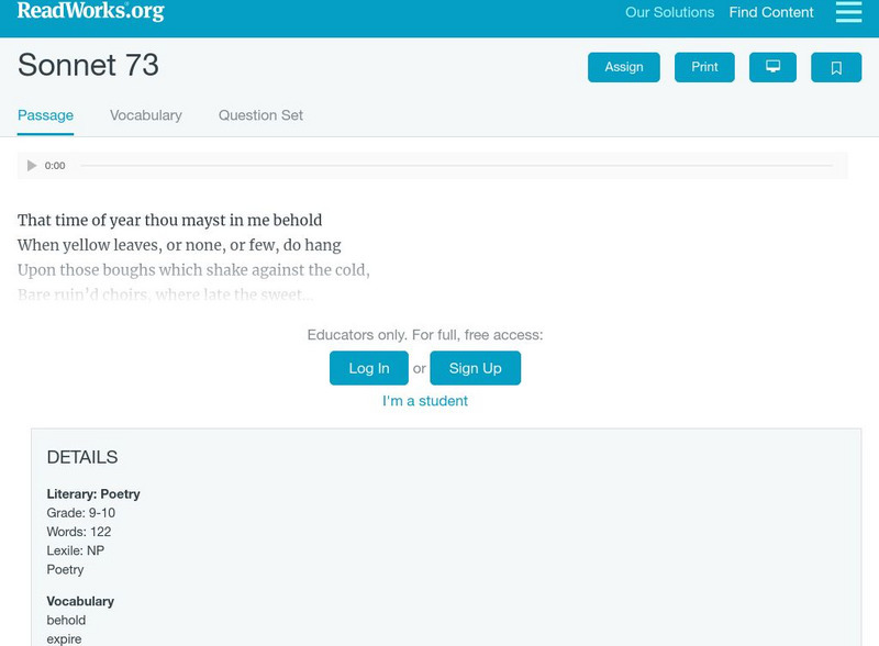 Read Works: "Sonnet 73" Activity Read Works: "Sonnet 73" Activity