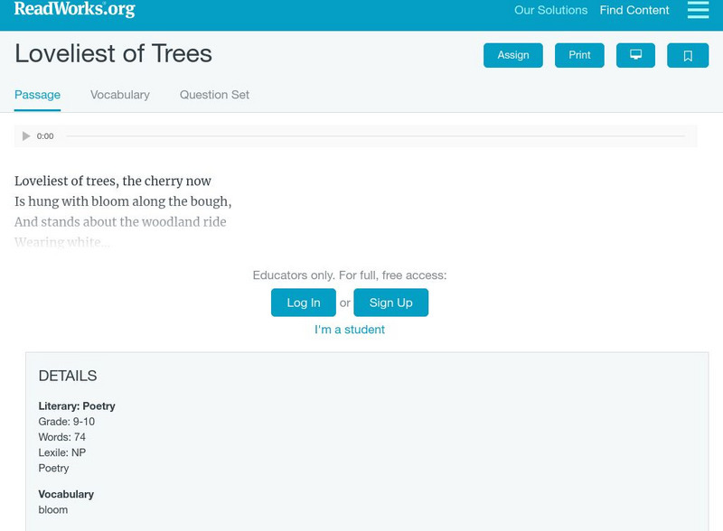 Read Works: "Loveliest of Trees" Activity Read Works: "Loveliest of Trees" Activity