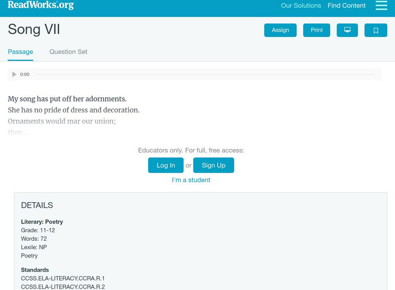 Read Works: "Song Vii" Activity Read Works: "Song Vii" Activity