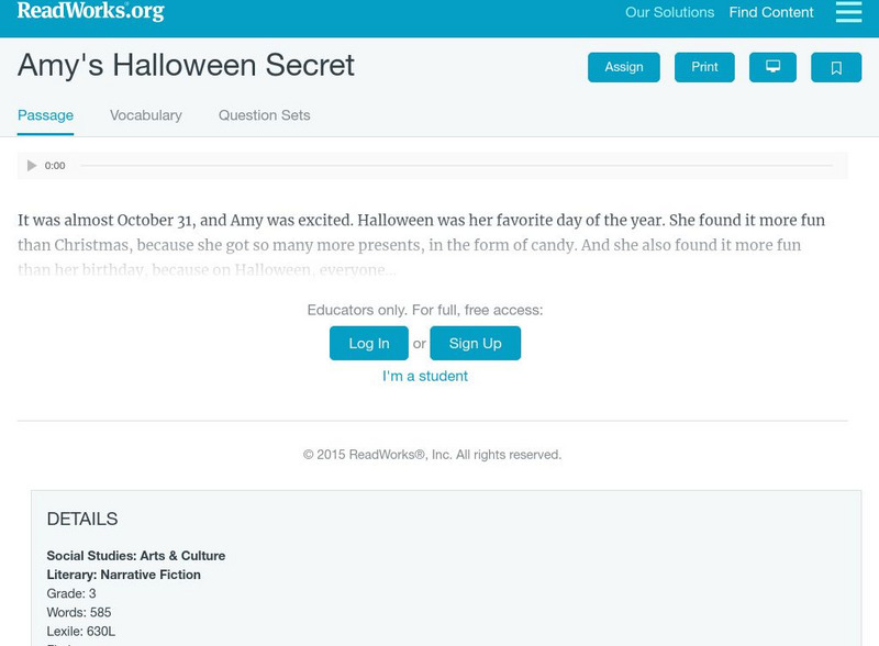 Read Works: Amy's Halloween Secret Activity Read Works: Amy's Halloween Secret Activity