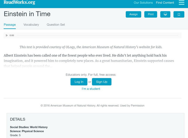 Read Works: Einstein in Time Activity Read Works: Einstein in Time Activity