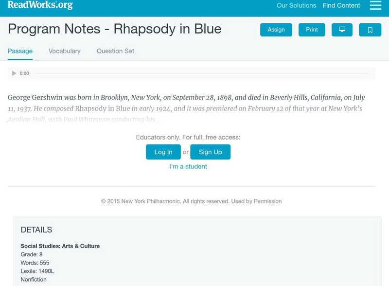 Read Works: Program Notes Rhapsody in Blue Activity Read Works: Program Notes Rhapsody in Blue Activity