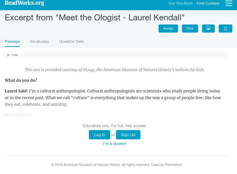 Read Works: Excerpt From "Meet the Ologist Laurel Kendall" Activity Read Works: Excerpt From "Meet the Ologist Laurel Kendall" Activity
