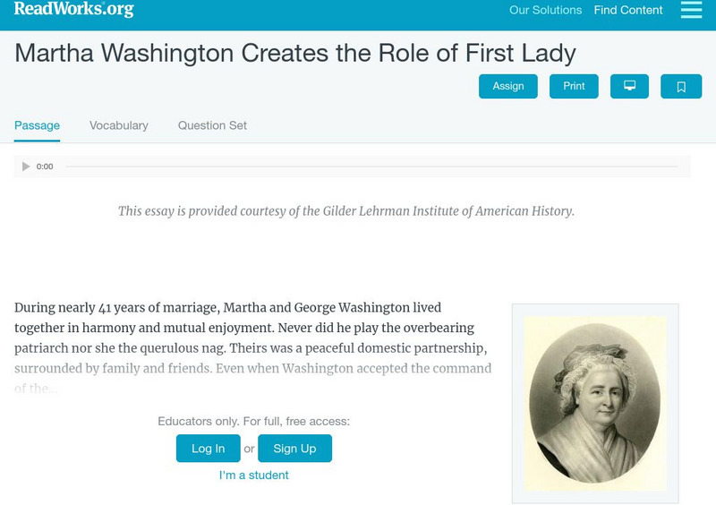 Read Works: Martha Washington Creates the Role of First Lady Activity Read Works: Martha Washington Creates the Role of First Lady Activity