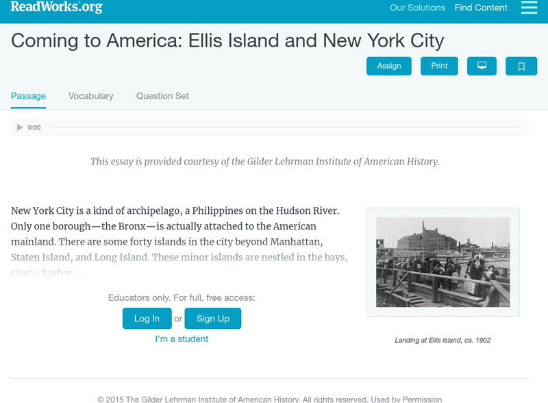 Read Works: Coming to America: Ellis Island and New York City Activity Read Works: Coming to America: Ellis Island and New York City Activity