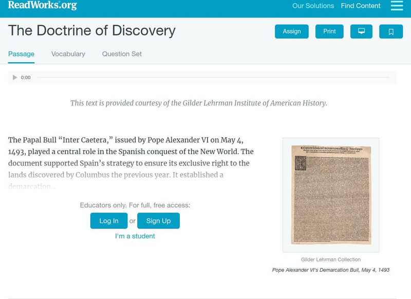 Read works the doctrine of discovery 1493 activity for 10th 12th