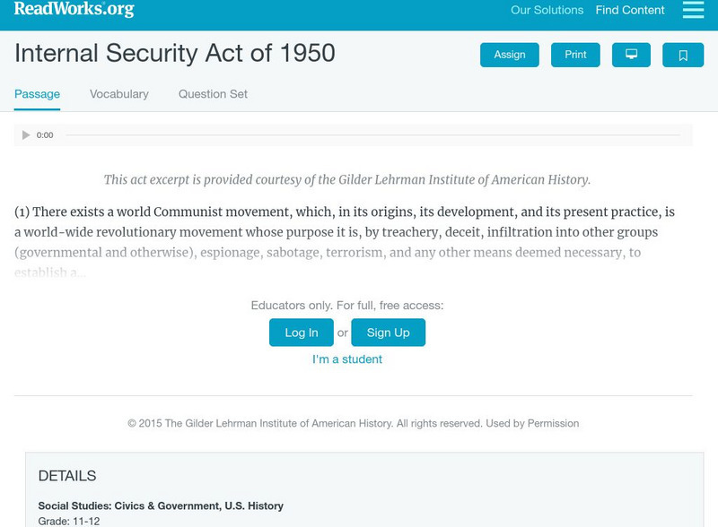 Read Works: Internal Security Act of 1950 Unit Plan Read Works: Internal Security Act of 1950 Unit Plan